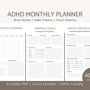 Op de afbeelding: Een afdrukbare ADHD maandplanner met secties voor maandelijkse doelen, reflectie en het bijhouden van gewoonten. De planner bevat ruimte voor notities, prioriteiten en een focusbalans. Het ontwerp is eenvoudig en strak.