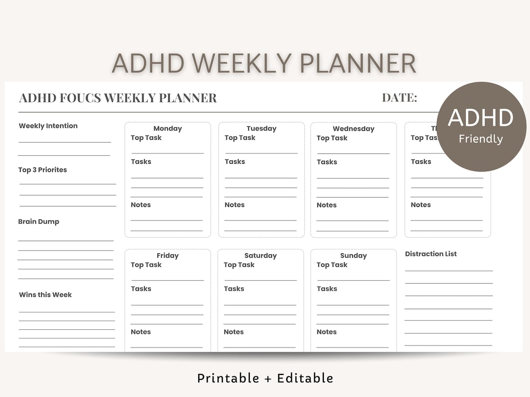 Editable ADHD Weekly Planner | Executive Functioning Task Tracker ...