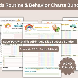 May include: A bundle of printable kids routine and behavior charts featuring colorful rainbow graphics, star icons, and grid layouts for tracking daily chores and tasks. The documents include text labels such as Behavior Tracker, Hannah's Responsibilities, and Routine Chart.