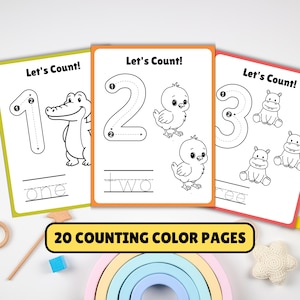Peut inclure: Trois feuilles de travail éducatives intitulées Let's Count! présentant les chiffres un, deux et trois avec des illustrations d'un crocodile, deux poussins et trois hippopotames, ainsi que des lignes pour tracer les mots un, deux et trois.