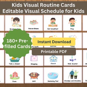 Peut inclure: Un ensemble de cartes de routine visuelle imprimables pour enfants illustrant diverses activités quotidiennes comme préparer son sac, se brosser les dents et prendre le petit-déjeuner. Les cartes incluent des illustrations colorées et du texte.