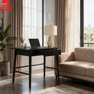 May include: A black wooden desk with a single drawer, four tapered legs, and a flat rectangular top. The desk holds a closed laptop, a small potted plant, and a table lamp with a cream-colored shade and a glossy, light-toned ceramic base.