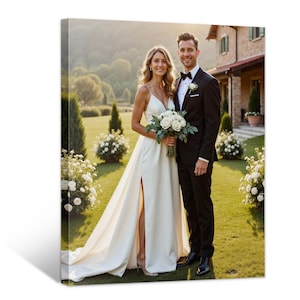 May include: A canvas print of a wedding portrait. A woman in a white gown with a high slit and a man in a black tuxedo stand in a garden. The woman holds a bouquet of white flowers. The background includes a house and manicured landscaping.