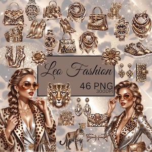 May include: Digital art featuring various fashion accessories with a leopard print design, including handbags, shoes, watches, scarves, and jewelry. The image also includes the text "Leo Fashion 46 PNG 300DPI".