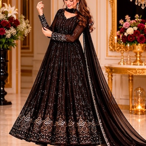 black dress with golden dupatta Salwar Kameez Black Gown With Golden Dupatta Organza Black Salwar Kameez Dupatta Pakistani Eid Dress Online SMALL