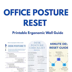 Pode incluir: Um guia de parede ergonómico imprimível intitulado "OFFICE POSTURE RESET". O guia inclui dicas sobre postura no escritório, uma lista de verificação e um guia de reinicialização de secretária de um minuto. O texto é em azul e branco.