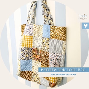 Peut inclure: Un sac fourre-tout patchwork avec divers motifs de tissus, dont des motifs floraux, vichy et rayés. Le sac a des anses tressées et une forme rectangulaire. Le texte "PATCHWORK TOTE BAG" et "PDF SEWING PATTERN" sont visibles.