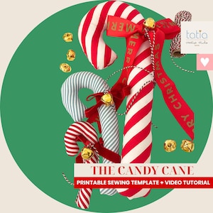 May include: Three fabric candy cane ornaments in red and white or blue and white stripes, adorned with red ribbons featuring the gold text Merry Christmas, small gold jingle bells, and red and white twine, with the text The Candy Cane.