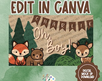 Oh jongen! Bos babyshowerbanner | Canvassjabloon | Digitale download