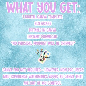 May include: A digital Canva template announcement with the text "WHAT YOU GET" in a light purple font. The template size is 152x91 cm. The background is a light blue watercolor design. The text also states the template is editable in Canva and an instant download.