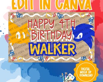 Sjabloon voor spandoek verjaardag geïnspireerd door Super Sonic The Hedgehog | Digitale download | Canvasmodel