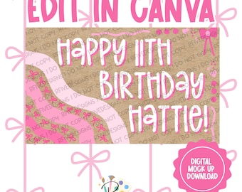 Roze strik verjaardag | Girly verjaardagsbanner | Digitale sjabloondownload | Bewerken in canvas
