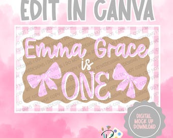 Sjabloon voor spandoek met gingangstrik 1e verjaardag | Bewerkbaar canvas (digitale download)