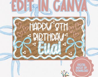 Sjabloon voor spandoek verjaardag girly strik | Bewerkbaar canva-ontwerp (digitale download)