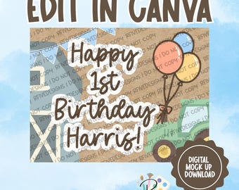 Sjabloon voor spandoek 1e verjaardag Barnyard | Tractor, schuurafbeeldingen (digitale download)