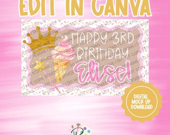 Plantilla de banner de cumpleaños con temática de helados inspirada en Pinkalicious / Descarga digital / Edita en Canva