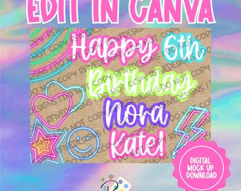 Zesde verjaardag neon-/gloedthema | Digitale download | Canvassjabloon