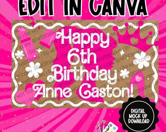 Verjaardagsbanner Barbie-meisje | Digitale canvassjabloon