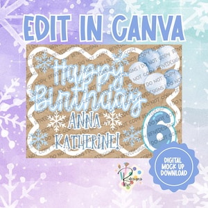 Plantilla de pancarta de cumpleaños inspirada en un país de las maravillas invernal / Temática de Frozen / Descarga digital / Edita en Canva imagen 1