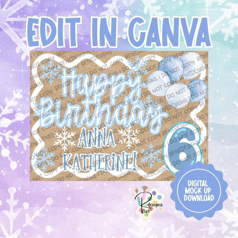 Plantilla de pancarta de cumpleaños inspirada en un país de las maravillas invernal / Temática de Frozen / Descarga digital / Edita en Canva imagen 1