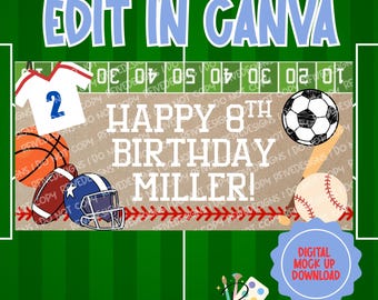 Sjabloon voor spandoek sportverjaardag | Bewerkbaar canva-ontwerp (digitale download)