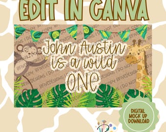 WILD ONE-verjaardagsbanner | Canvassjabloon | Digitale download | Eerste verjaardag | Safaridieren