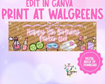 Pancarta imprimible de cumpleaños con temática de spa y maquillaje / Descarga digital / Edita en Canva / Imprime en Walgreens