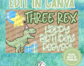 THREErex Verjaardag | Verjaardag dinosaurus | Bewerken in canvas | Digitale download