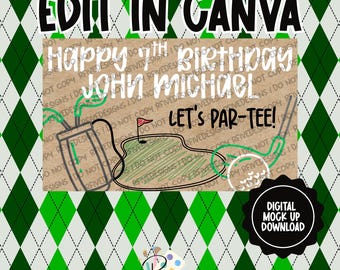 Laten we een T-shirt maken! Verjaardagsbanner met golfthema | Canvassjabloon | Digitale download