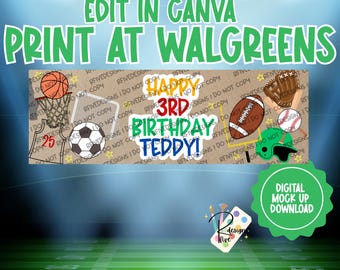Banner imprimible de cumpleaños deportivo / Descarga digital / Edita en Canva / Imprime en Walgreens