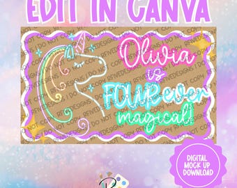 Sjabloon voor spandoek magische eenhoorn verjaardag | FOURever | Bewerken in canvas | Digitale download