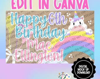 Verjaardagsbanner regenboog eenhoorn | Digitale canvassjabloon