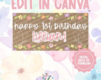 Plantilla de pancarta de primer cumpleaños "Besitos de Mariposa" / Descarga digital / Edita en Canva