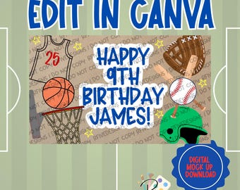 Verjaardagsbanner met honkbal/basketbalthema | Digitale download | Bewerken in canvas