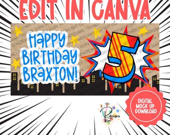 Op SUPERHELD geïnspireerde verjaardagsbanner | Digitale download | Canvassjabloon