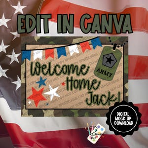 Op de afbeelding: Een digitale mock-up download met de tekst "Welcome Home Jack!" in een patriottisch ontwerp. Het ontwerp bevat rode, witte en blauwe sterren en slingers, met een Army tag graphic. De achtergrond heeft een camouflagepatroon en een Amerikaanse vlag.