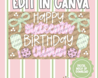 Sjabloon voor spandoek Pickleball verjaardag | Canva bewerkbaar (digitale download)