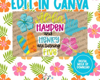 ALOHA Verjaardag Luau-banner | Canvassjabloon | Digitale download
