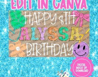 Verjaardagsbanner met girly-patchthema | Digitale canvassjabloon