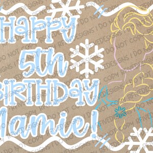 May include: A birthday card design with the text "Happy 5th Birthday Mamie!" in light blue, surrounded by snowflakes and an illustration of a blonde character. The background is a tan color.