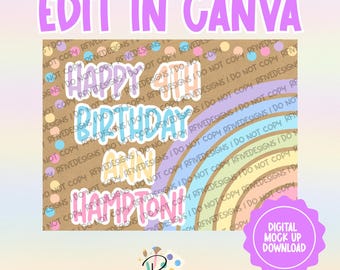 Vierde verjaardagsbanner regenboog | Canvassjabloon | Digitale download