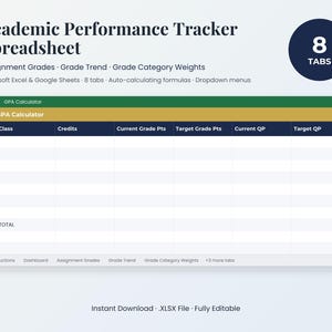 May include: An Academic Performance Tracker Spreadsheet for Microsoft Excel and Google Sheets featuring 8 tabs, auto-calculating formulas, and dropdown menus. The interface displays a GPA Calculator table with columns for Class, Credits, Grade Pts, and QP.