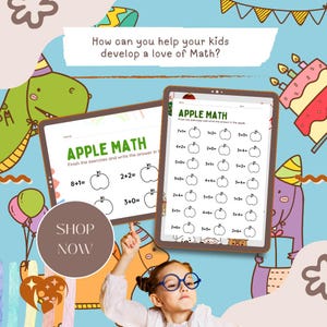 Green Fun Apple Wiskunde | Rekenwerkbladen voor kinderen | Voorschoolse leeractiviteit | Directe download: pdf, png