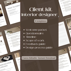 Pode incluir: Um kit de cliente para designers de interiores, com seis modelos. O kit inclui um pacote de boas-vindas, questionário, cronograma, escopo de trabalho, guia de feedback e guia do processo de design. O design é em tons neutros.