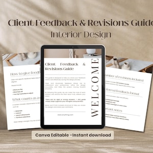 Guía de comentarios y revisiones de clientes: A4, Canva, editable e imprimible para diseñadores de interiores