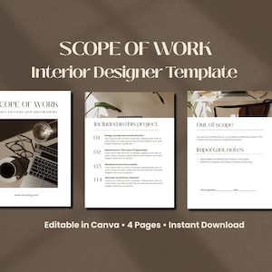 Plantilla de alcance del trabajo de diseño de interiores / Contrato con el cliente (editable en Canva)