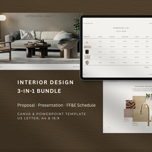 Interior Design Client Bundle | Proposal, Presentation, FF&E Schedule (Canva, PowerPoint)