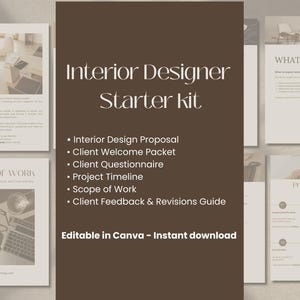 Kit Inicial de Design de Interiores no Canva | Modelos de Cadastro de Clientes e Propostas | Escopo do Trabalho, Cronograma, Questionário