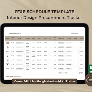 Puede incluir: Una tableta digital muestra una plantilla de seguimiento de adquisiciones de diseño de interiores. La hoja de cálculo incluye columnas para el nombre del artículo, la habitación, los suministros, el acabado, el tamaño, el costo y el plazo de entrega. El texto "FF&E SCHEDULE TEMPLATE" y "Interior Design Procurement Tracker" están en la parte superior.