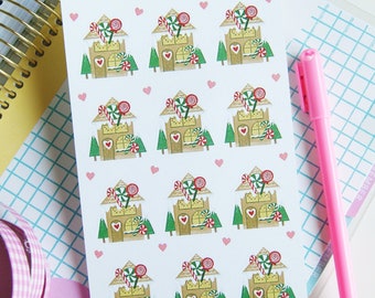 Gingerbread House Stickers , Holiday Stickers, Christmas Gift Wrapping , Christmas Stickers , Sticker Sheet , Stationery , Gifts , Kawaii
